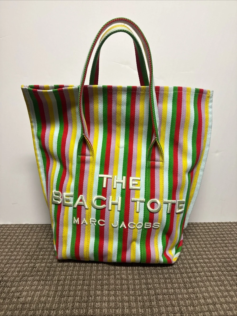 Marc Jacobs The Beach Tote Bag Red/White/Green/Yellow/Pink Stripes Excellent
